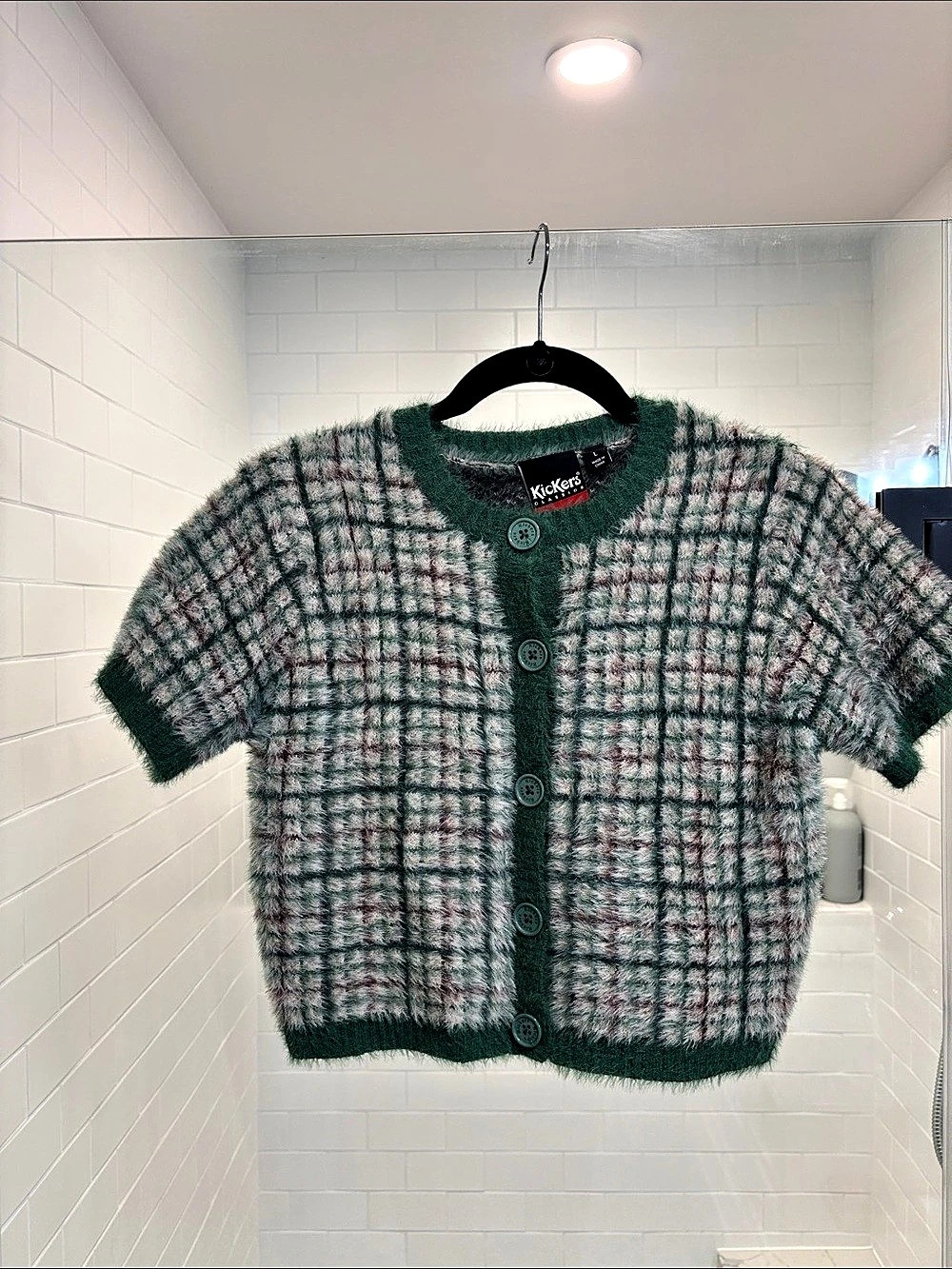 Kickers Plaid Cardigan in Green & Pink Size Large Like New